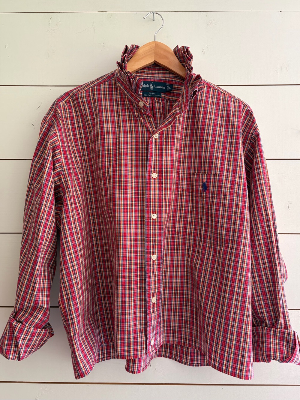 Viral Reworked Upcycled RALPH LAUREN Red Plaid Shirt Ruffle Collar, Large